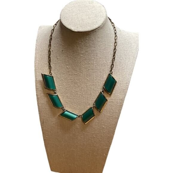 Vintage Green Chevron Necklace With Gold-Tone Chain & Fishhook Clasp - Picture 1 of 4
